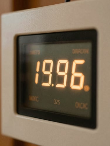Close-up of a digital temperature control panel glowing with soft amber numbers, detailed macro shot, warm natural barn light, 35mm