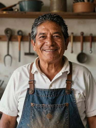 Environmental portrait of a proud Mexican workshop owner smiling warmly in natural daylight, authentic tools organized in the background.