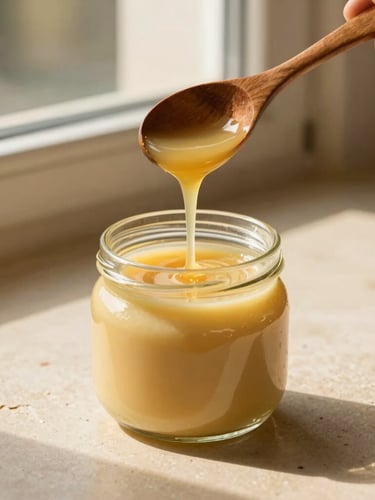 Warm editorial food photography, golden-hour window light, rich golden ghee being drizzled from a wooden ladle into an elegant glass jar on a warm cream stone countertop, shallow depth of field, 35mm