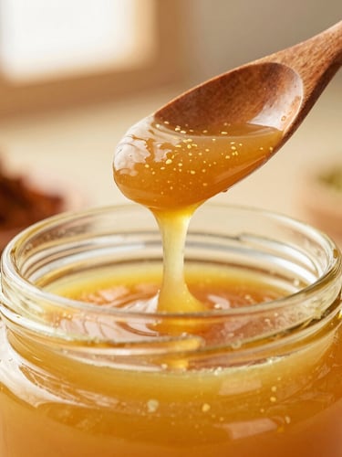 Macro close-up of golden, grainy DaneDar ghee being drizzled from a traditional wooden spoon into an elegant glass jar, warm morning light, shallow depth of field.