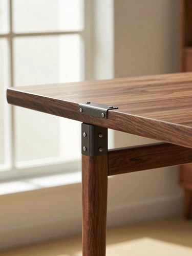warm editorial photography of a solid walnut standing desk in a sunlit architectural home office, soft natural window light, macro detail of cast iron joints