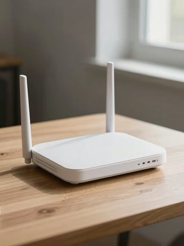 Sleek modern white internet router on a minimalist wooden desk, warm daylight filtering through a window, cool ambient shadows, shallow depth of field, 35mm photography