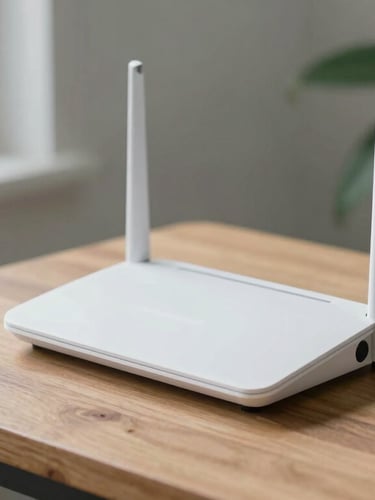 A clean minimalist router placed on a wooden desk next to a green plant, bright natural daylight, cool ambient tones, 35mm