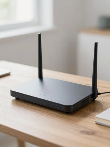 A sleek modern home router on a minimalist wooden desk, soft natural daylight, shallow depth of field, 35mm