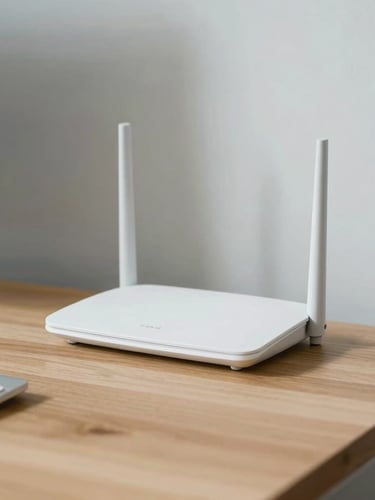 A minimalist home office workspace with a clean router on a wooden desk, bright natural daylight casting soft shadows, shallow depth of field, 35mm photography