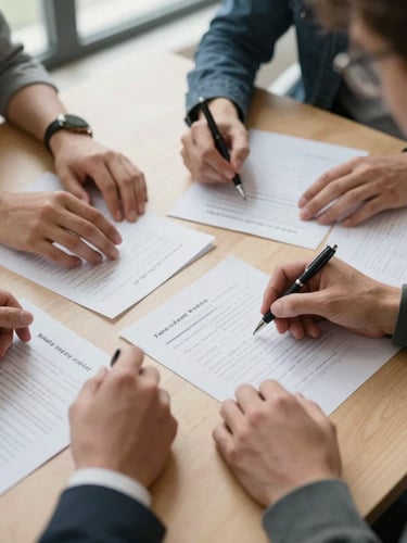 Close overhead shot of a strategy session — hands arranging printed notes and a pen on a light wood table, soft natural daylight from a nearby window, planning surfaces visible with handwritten annotations