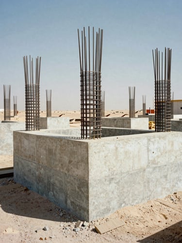 Low-angle monumental shot of a concrete foundation being poured on a massive industrial site in the desert, harsh daylight, deep shadows, steel reinforcement bars visible, 35mm