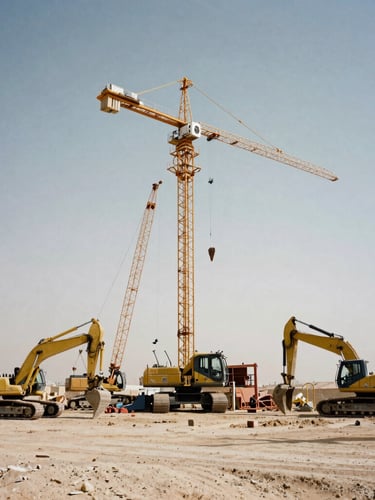 Low-angle monumental shot of heavy construction machinery, excavators and cranes working on a massive infrastructure project in a desert environment, harsh daylight with deep shadows, desaturated earth and steel tones, 35mm