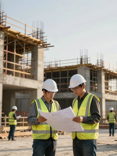 Professional engineers in white hardhats and high-visibility vests reviewing blueprints on an active construction site, concrete structures under construction in the background, high-contrast golden hour lighting, industrial editorial style