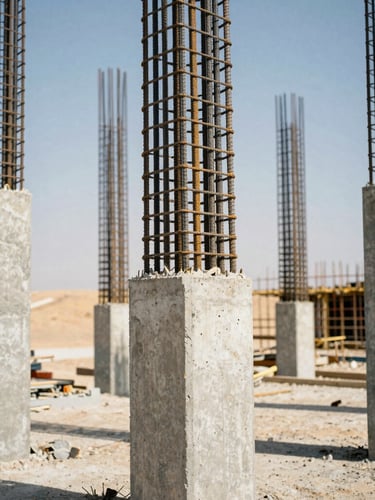 Close-up of raw steel reinforcement bars and poured concrete structural columns on an active construction site, harsh desert sun casting deep shadows, industrial editorial photography