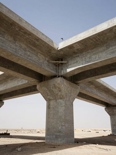 Low-angle monumental shot of a concrete highway bridge under construction, harsh desert daylight, deep shadows, industrial editorial photography, 35mm