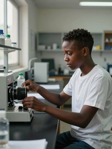 Medium shot of a Haitian student at a laboratory bench, hands adjusting equipment under diffuse north-facing window light, concentration visible on face, institutional lab shelving in background, professional and focused atmosphere