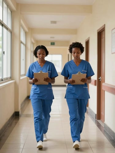 Wide environmental shot of a hospital ward corridor in Port-au-Prince, two Haitian nursing students walking with clipboards, natural light from end-of-corridor windows, institutional tile floor, serious professional context, slightly off-center framing