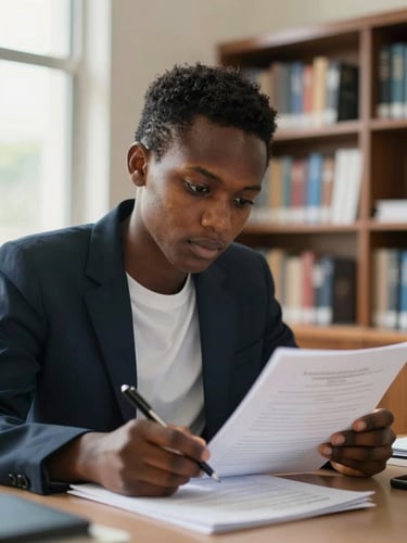 Close-up medium shot of a Haitian student at a desk in a university administrative office setting, pen in hand reviewing documents, natural window light from the left, professional attire, concentrated expression, blurred institutional shelving in background
