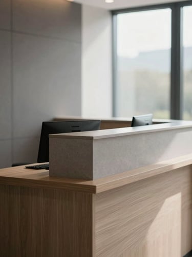 Clean structured hotel reception desk, natural window light, professional atmosphere, minimalist German design, sharp focus