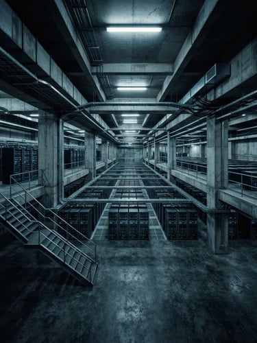 Wide panoramic brutalist server facility, stark concrete structures, harsh low-key fluorescent light, desaturated cold blue and slate tones, high contrast, 35mm, isometric angle, no people, no text.
