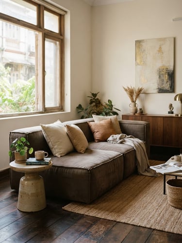 A beautifully styled warm minimalist living room in a South Mumbai apartment, featuring a custom deep taupe modular sofa, soft natural window light, 35mm editorial photography