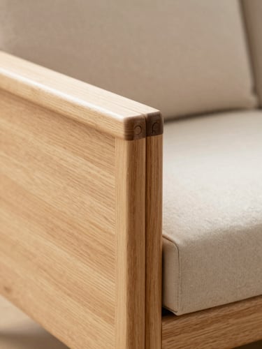 Meticulous close-up of a solid wood sofa frame joint, showing precise CNC milling cuts and smooth natural grain under soft studio lighting.