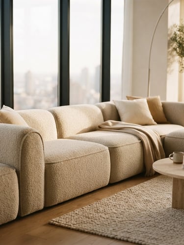 A clean, warm-toned architectural shot of a custom-tailored modular sofa in a minimalist modern penthouse, soft window light, shallow depth of field, 35mm