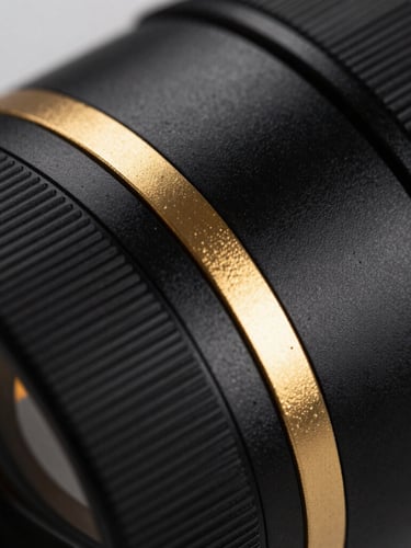 Extreme macro shot of matte black hardware with sharp gold foil accents, harsh directional lighting, metallic reflections.