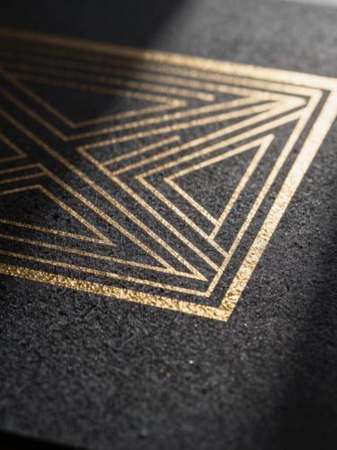 Extreme macro shot of heavy black cardstock with deep-embossed gold foil geometric lines, harsh directional lighting, dramatic shadows casting across the paper grain, museum-quality.