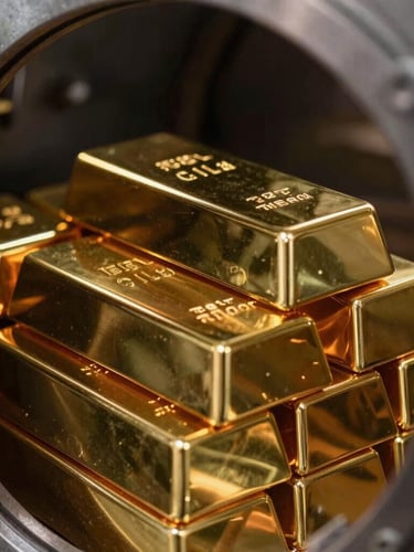 Macro close-up of refined gold bars stacked in a secure vault, dramatic side lighting reflecting on metallic textures, high contrast, 35mm lens