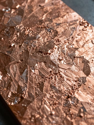 Macro close-up of a 99.99% pure copper cathode plate, showcasing the dense, raw metallic texture and crystalline structure under sharp industrial lighting.