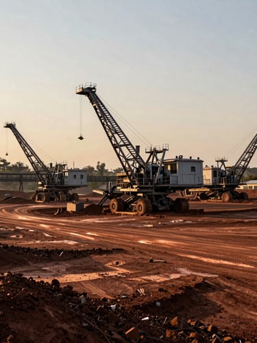 A wide-angle documentary shot of a modern Zambian mining site at golden hour, massive machinery in the background, warm light reflecting off rich earth.