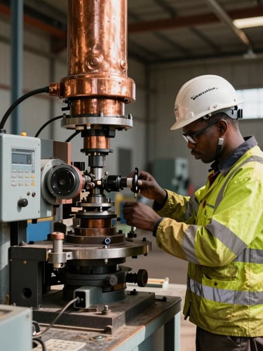 A local Zambian mining technician in high-visibility safety gear and hardhat calibrating modern geological equipment, bright natural daylight, industrial setting.