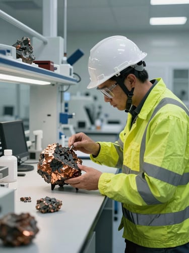 A geologist in high-visibility safety gear examining a raw mineral sample inside a modern, brightly lit testing laboratory, sharp focus, industrial documentary style
