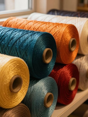 Close-up of raw silk bolts in rich jewel tones stacked neatly in a sunlit boutique, focus on fabric texture, warm golden glow