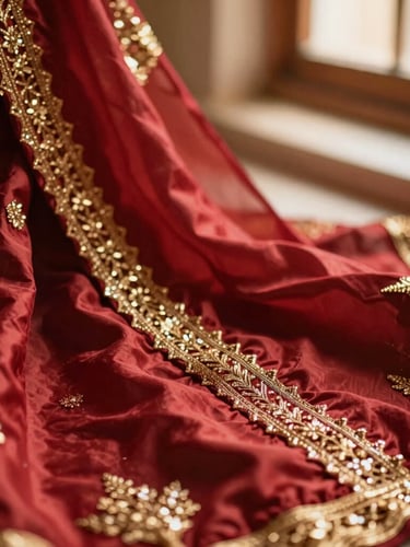 Close-up of rich crimson silk fabric with intricate gold zari embroidery, warm morning light reflecting off the threads, shallow depth of field, 35mm
