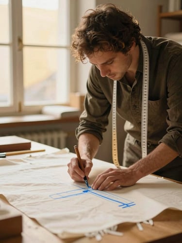 A master tailor in a warm boutique workshop, measuring tape draped over shoulders, carefully marking a cream fabric with blue chalk, soft window light