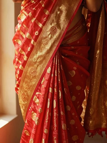 Medium close-up of vibrant crimson and gold zari silk saree fabric draped elegantly, warm golden hour window light highlighting intricate weave textures, 35mm photography