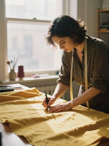 A master tailor at work in a warm boutique studio, marking rich marigold fabric with chalk, soft window light, 35mm photography.