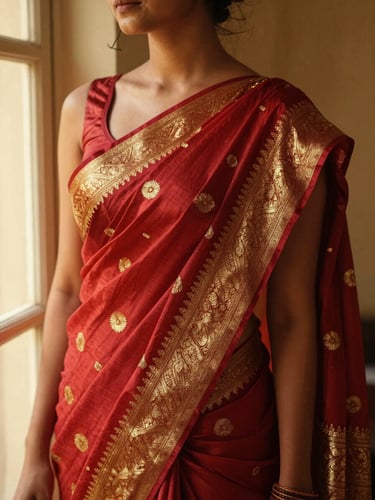 Medium close-up of a rich crimson Banarasi silk saree with intricate gold zari embroidery, draped elegantly over a shoulder, warm golden hour window light, 35mm