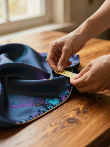 Medium close-up of hands measuring rich silk fabric with a vintage tape measure on a wooden table, warm golden hour window light, rich jewel tones