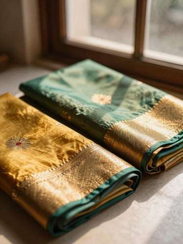 Warm editorial photography of sunlight filtering through a window onto folded silk sarees with gold zari threads, shallow depth of field, 35mm.