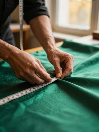 Medium close-up of a master tailor's hands measuring rich emerald silk fabric with a vintage tape measure, warm golden hour light, shallow depth of field, 35mm.