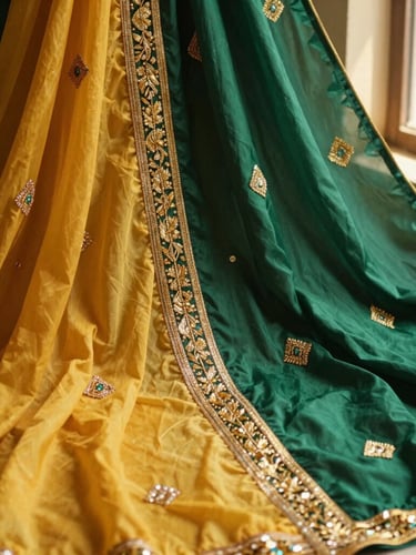 Medium close-up of premium unstitched dress materials in rich emerald and deep marigold, intricate gold zari embroidery catching warm afternoon window light, shallow depth of field.