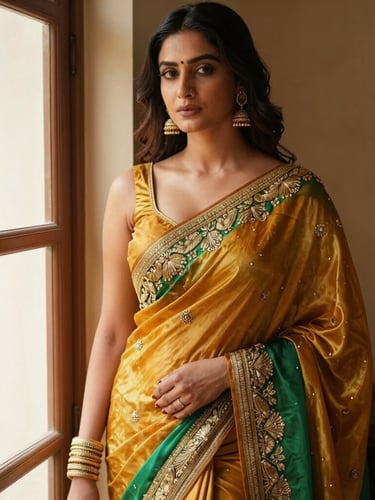 Elegant portrait of a woman in a beautifully draped rich marigold and emerald silk saree, standing near a window with soft natural light highlighting detailed zari embroidery