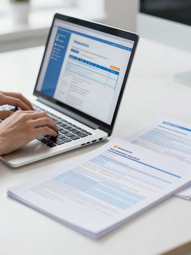 Bright modern home-office workspace, hands typing on a laptop next to neatly organized official Dutch tax documents, clean corporate photography, professional blue and white tones with subtle orange accents, sharp focus.