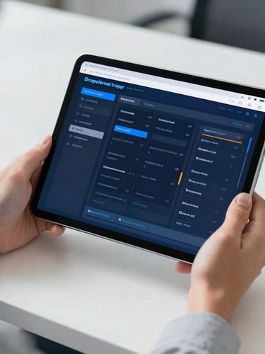 Close-up of hands holding secure digital tablet displaying encrypted server interfaces, clean desk background, bright natural daylight, professional blue and white tones, sharp focus.