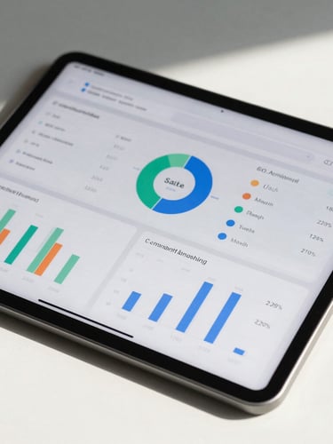 Macro shot of a high-end, minimalist tablet displaying complex e-commerce sales analytics and margin dashboards, crisp natural daylight, soft shadows