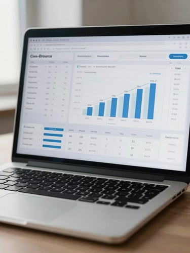 Macro shot of a clean, minimalist financial spreadsheet on a high-end laptop screen, displaying realistic e-commerce metrics and contribution margin charts, soft morning natural light, architectural workspace background.