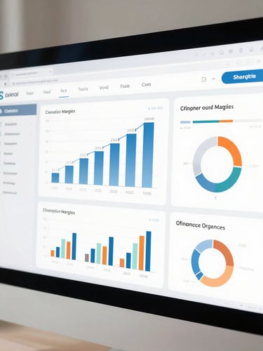 Macro shot of a clean, minimalist e-commerce dashboard on a modern display, displaying realistic contribution margin charts and channel distribution data, crisp natural daylight, soft shadows, premium corporate feel.