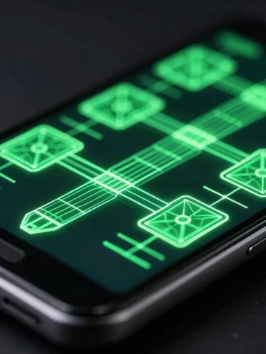 Extreme close-up of a high-end Android phone screen displaying glowing green wireframe game graphics in a dark studio, dramatic neon edge-lighting, macro lens