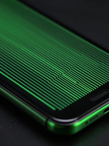 Sleek dark-mode technology photography, macro lens perspective of an Android device displaying pixel-perfect vector lines, vibrant green accents, deep obsidian shadows, dramatic neon edge-lighting.