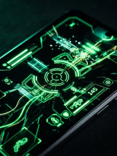 Sleek dark-mode technology photography, macro perspective of an Android phone screen displaying vibrant neon green game graphics, deep obsidian shadows, dramatic edge-lighting