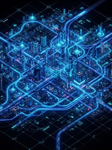 Isometric 3D render of a glowing digital city map with electric blue routing lines, neon cyan coordinates, and high-contrast dark background